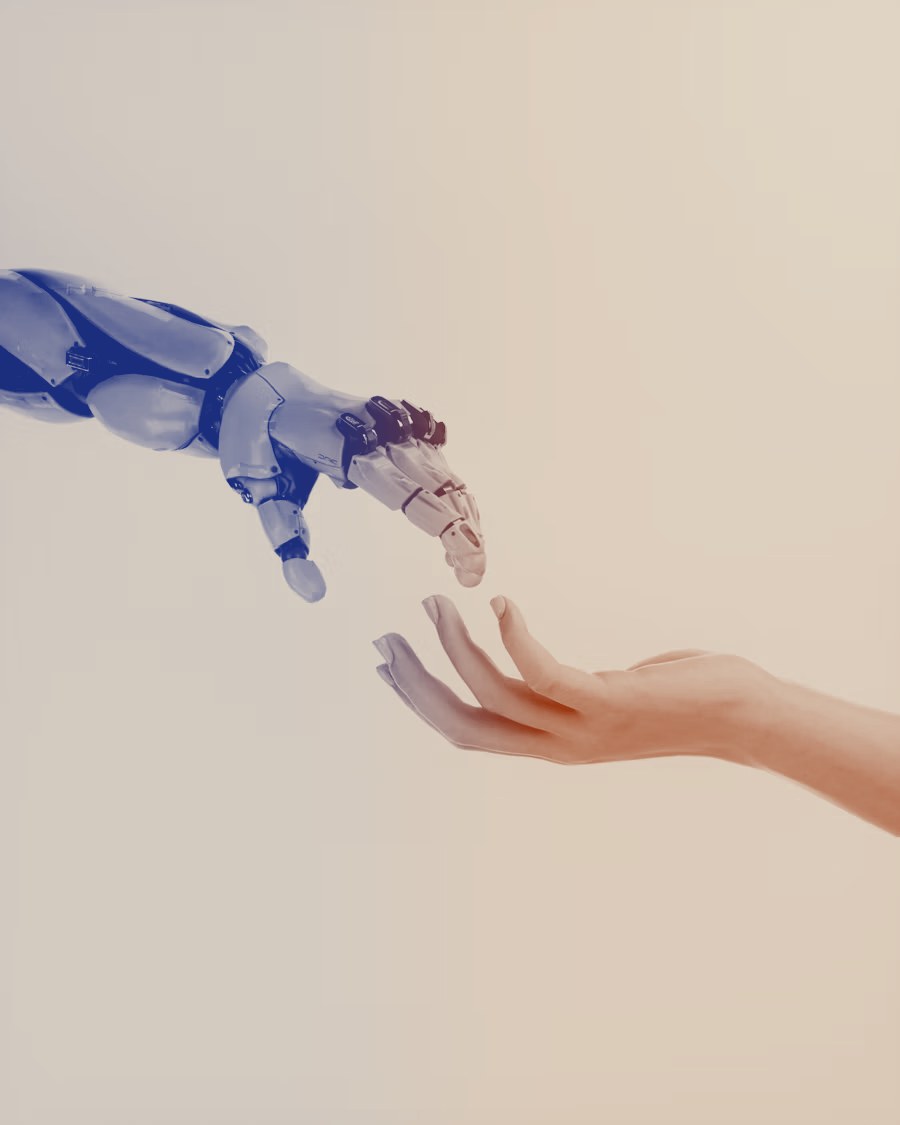 A robotic hand and a human hand reaching toward each other, fingertips almost touching, printed in the studio's blue and warm inks.