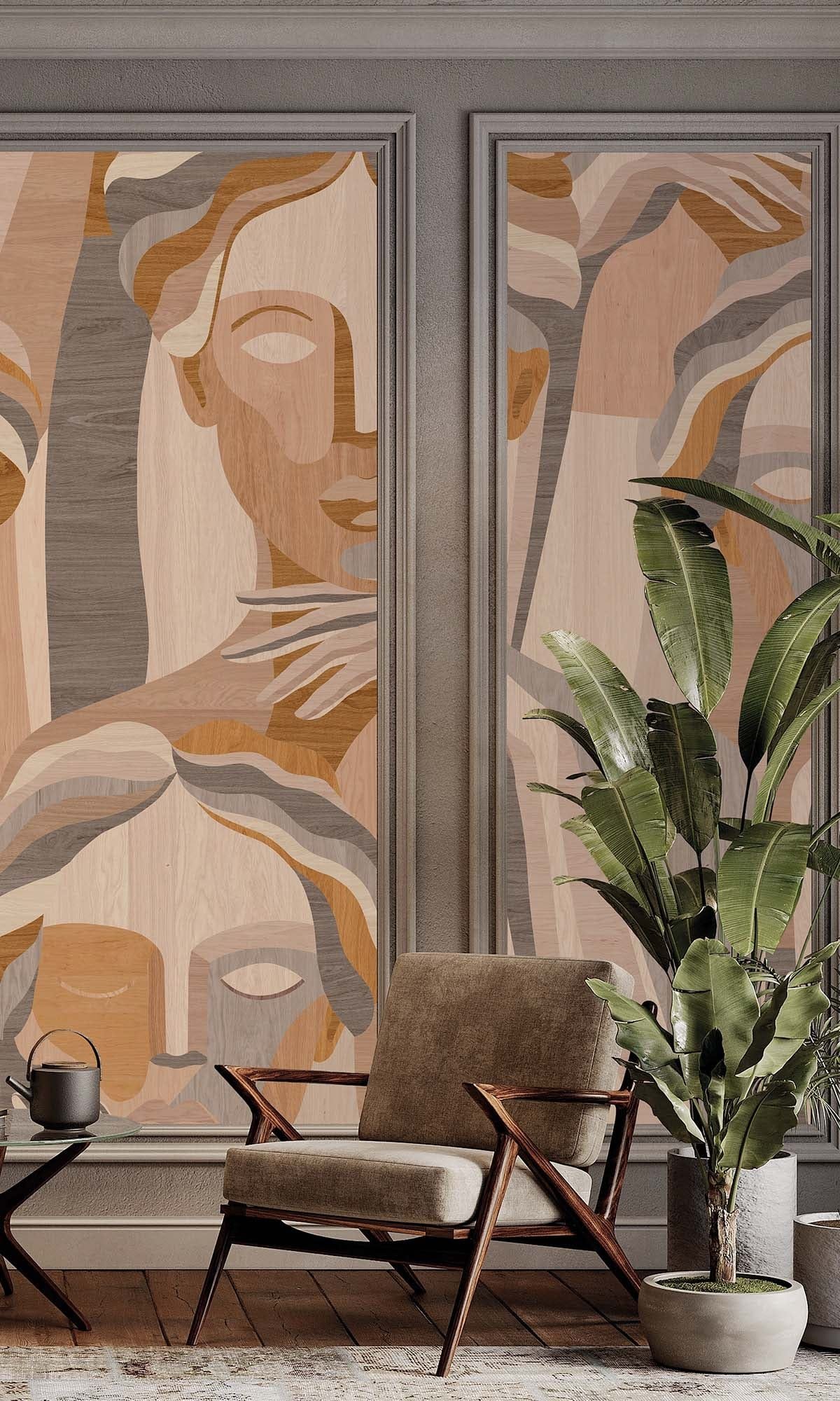 Two tall wall panels of wood marquetry set into grey mouldings, faces and hands cut from oak, walnut and pale maple veneers and fitted so the seams read as drawn lines.
